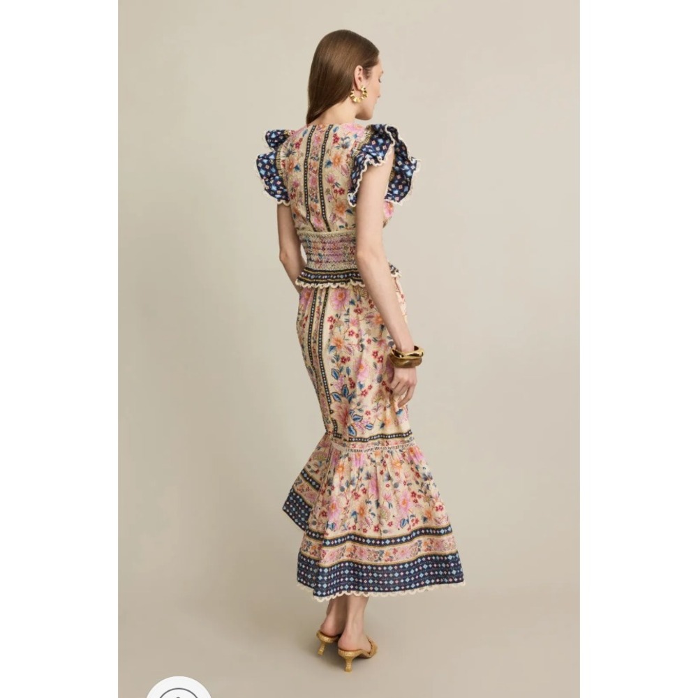 Farm Rio Superbloom Tapestry Cream Dress Floral V Neck Ruffle Sleeve Sz S - Picture 2 of 15